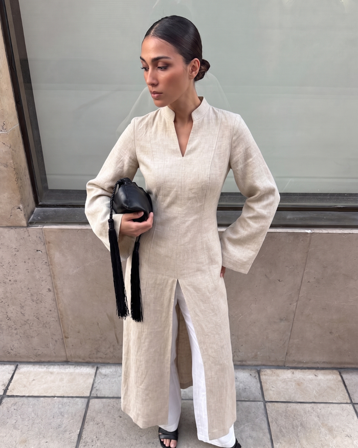 Linen Slit Dress - Beige worn — editorial
