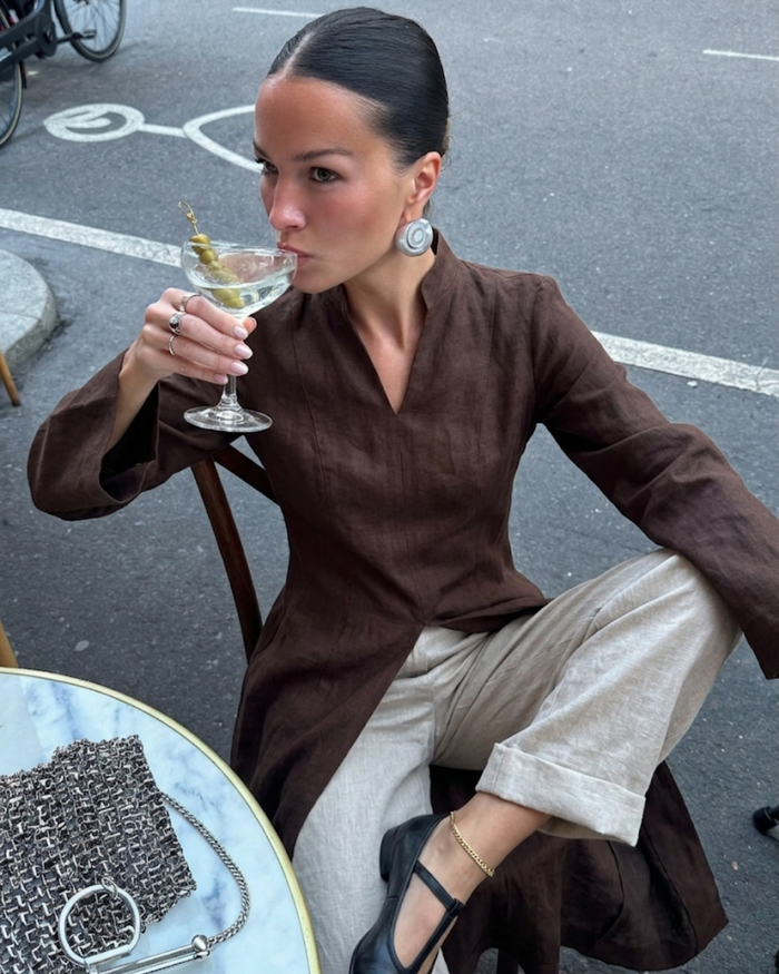 Linen Slit Dress - Chocolate worn — editorial