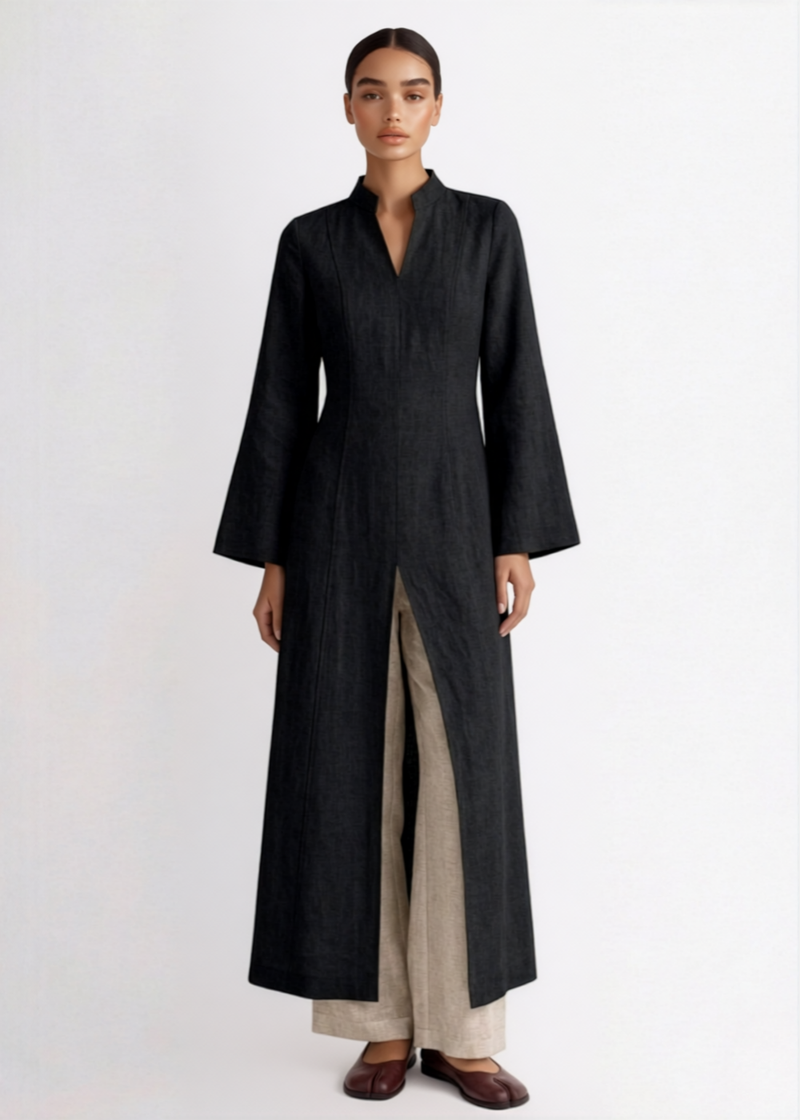 Robe en lin fendue - Noir