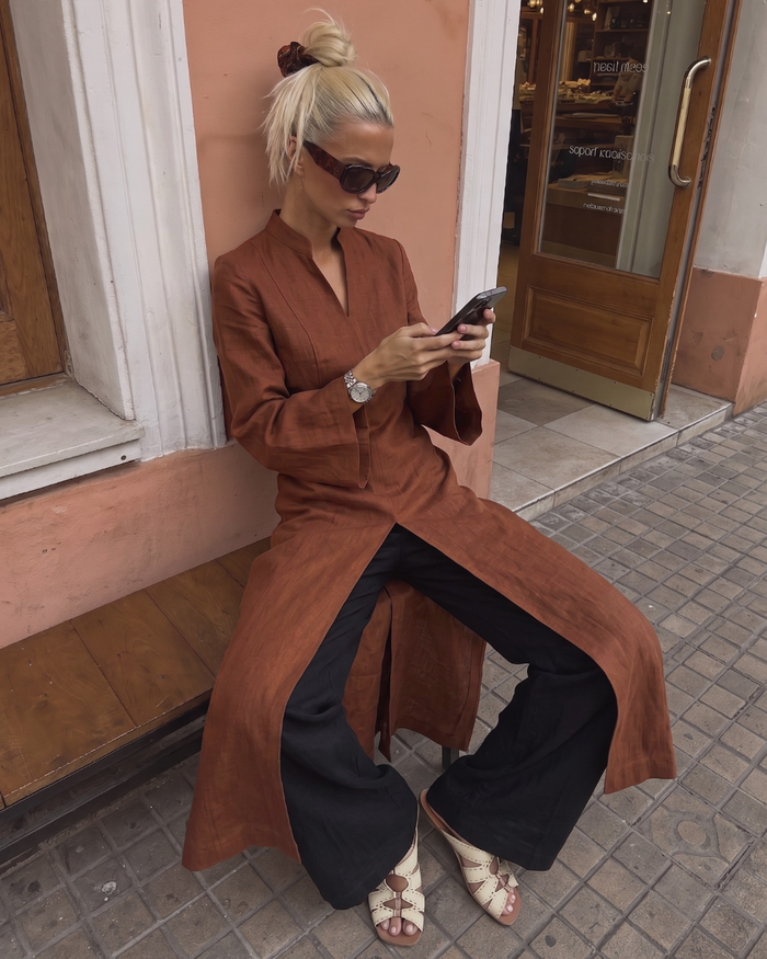 Linen Slit Dress- Burnt Orange worn — editorial