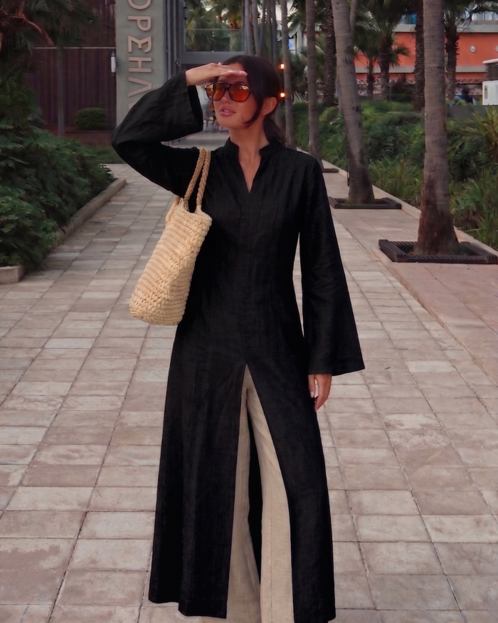 Linen Slit Dress - Beige worn — editorial