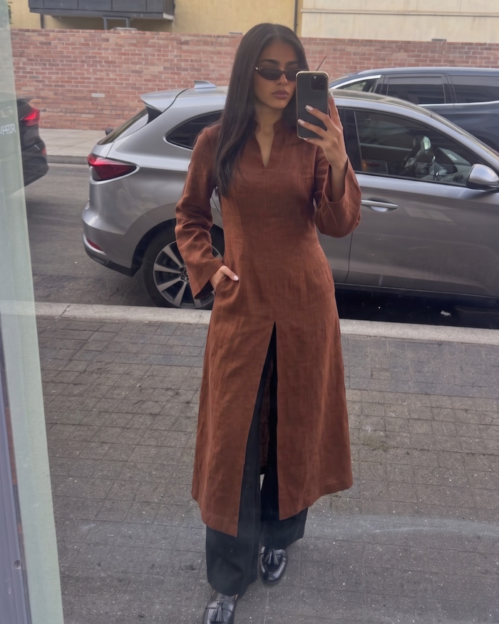 Linen Slit Dress- Burnt Orange worn — editorial
