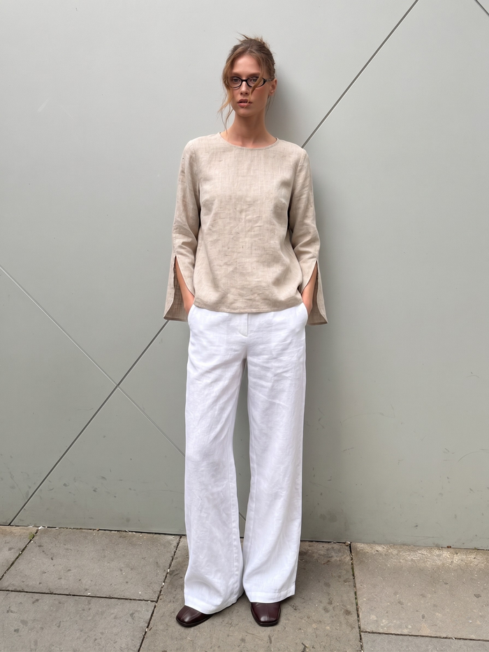Slit Sleeve Blouse - Olive worn — editorial