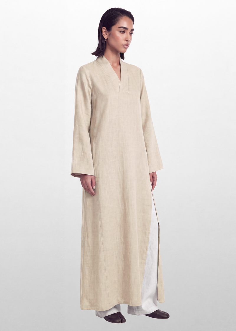 Side Slit Linen Dress - Beige