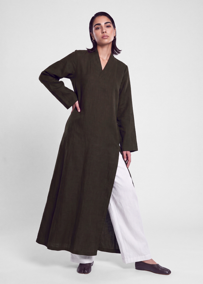 Side Slit Linen Dress - Chocolate