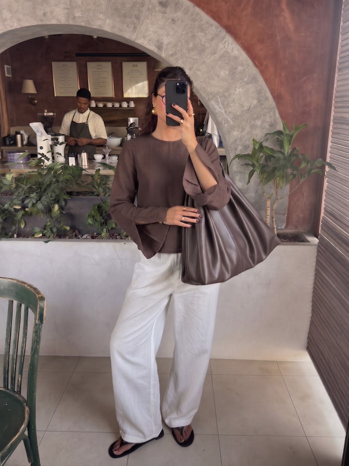 Slit Sleeve Blouse - Chocolate worn — editorial