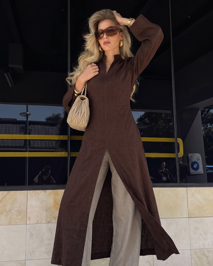 Linen Slit Dress - Chocolate worn — editorial