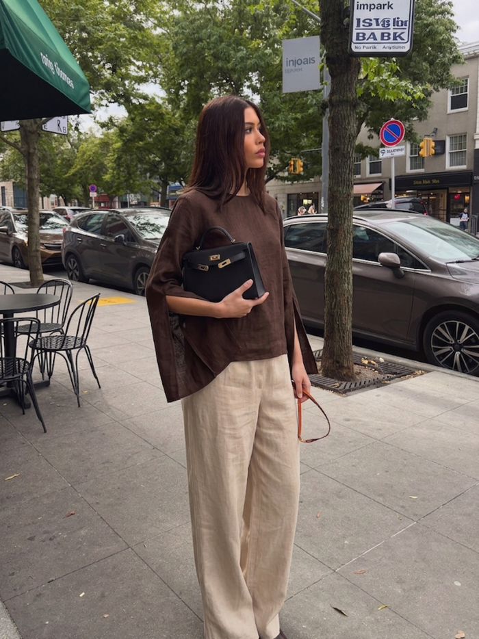 Slit Sleeve Blouse - Chocolate worn — editorial