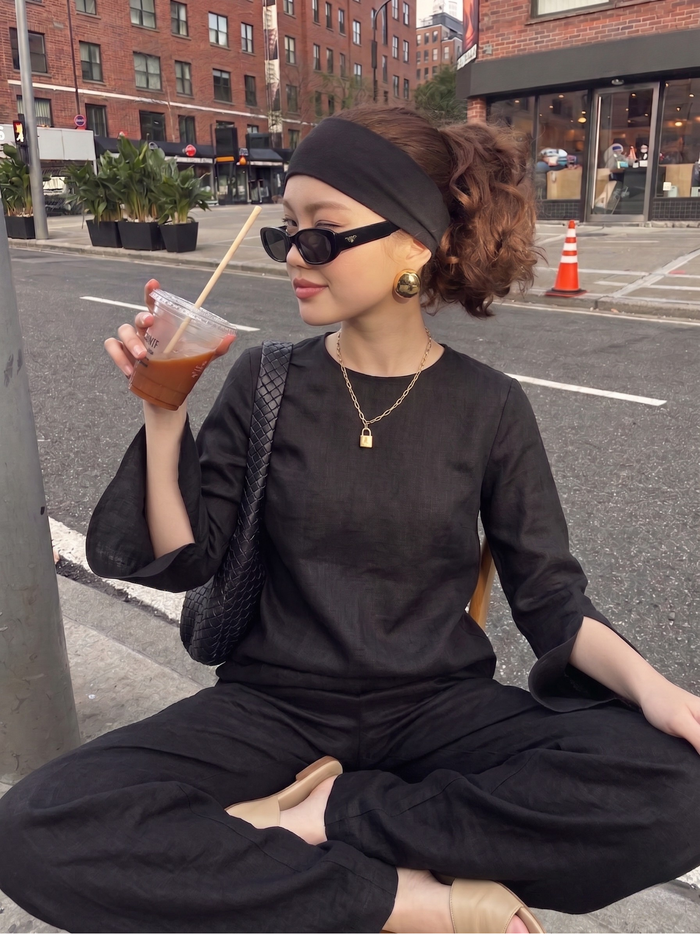 Slit Sleeve Blouse - Black worn — editorial