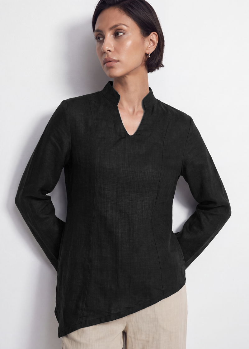 Asymmetric Linen Blouse - Black