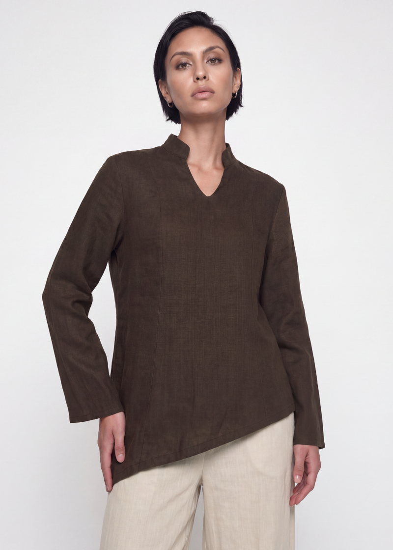 Asymmetric Linen Blouse - Chocolate
