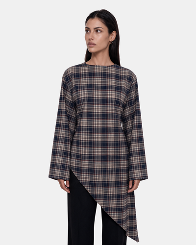 Check Print Asymmetric Longline Belted Top