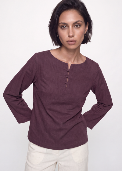 Cotton Linen Button Blouse - Plum