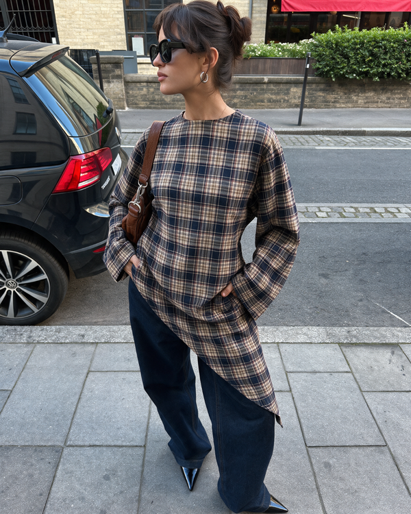 Check Print Asymmetric Longline Belted Top