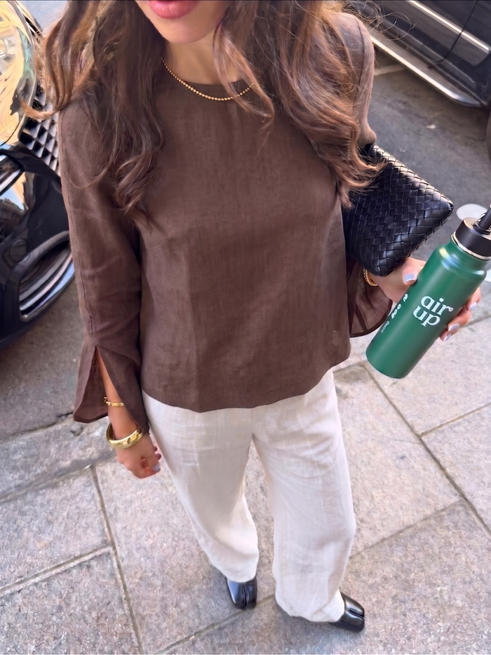 Slit Sleeve Blouse - Chocolate worn — editorial