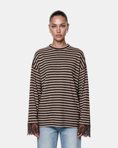 Striped Lace Cuff Jersey Top