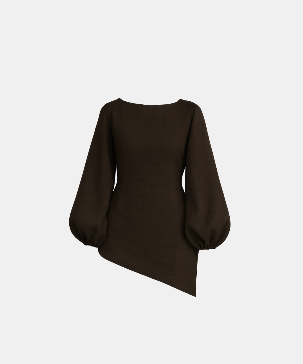 Linen Blend Balloon Sleeve Top - Chocolate