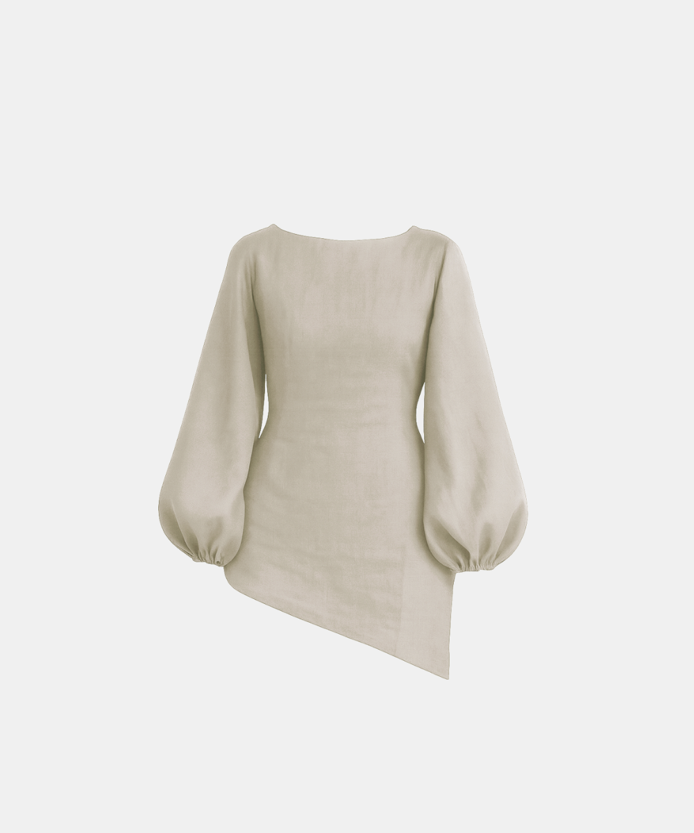 Linen Blend Balloon Sleeve Top - Beige