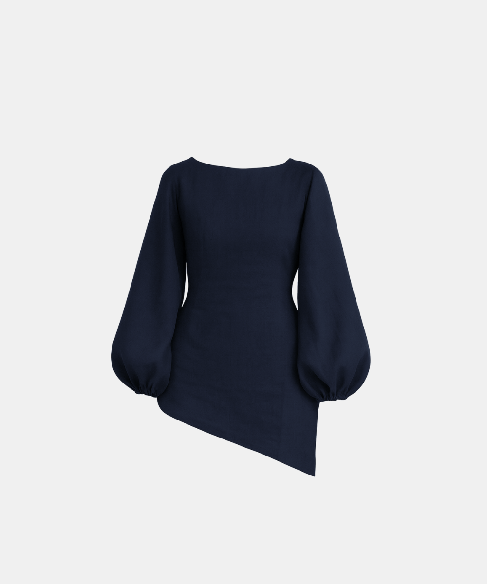 Linen Blend Balloon Sleeve Top - Navy