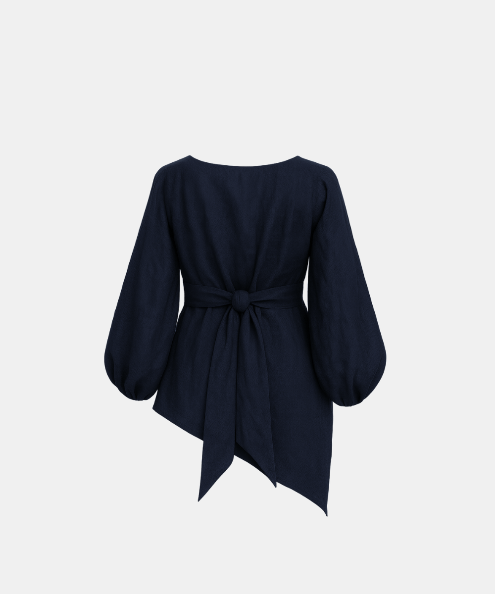 Linen Blend Balloon Sleeve Top - Navy