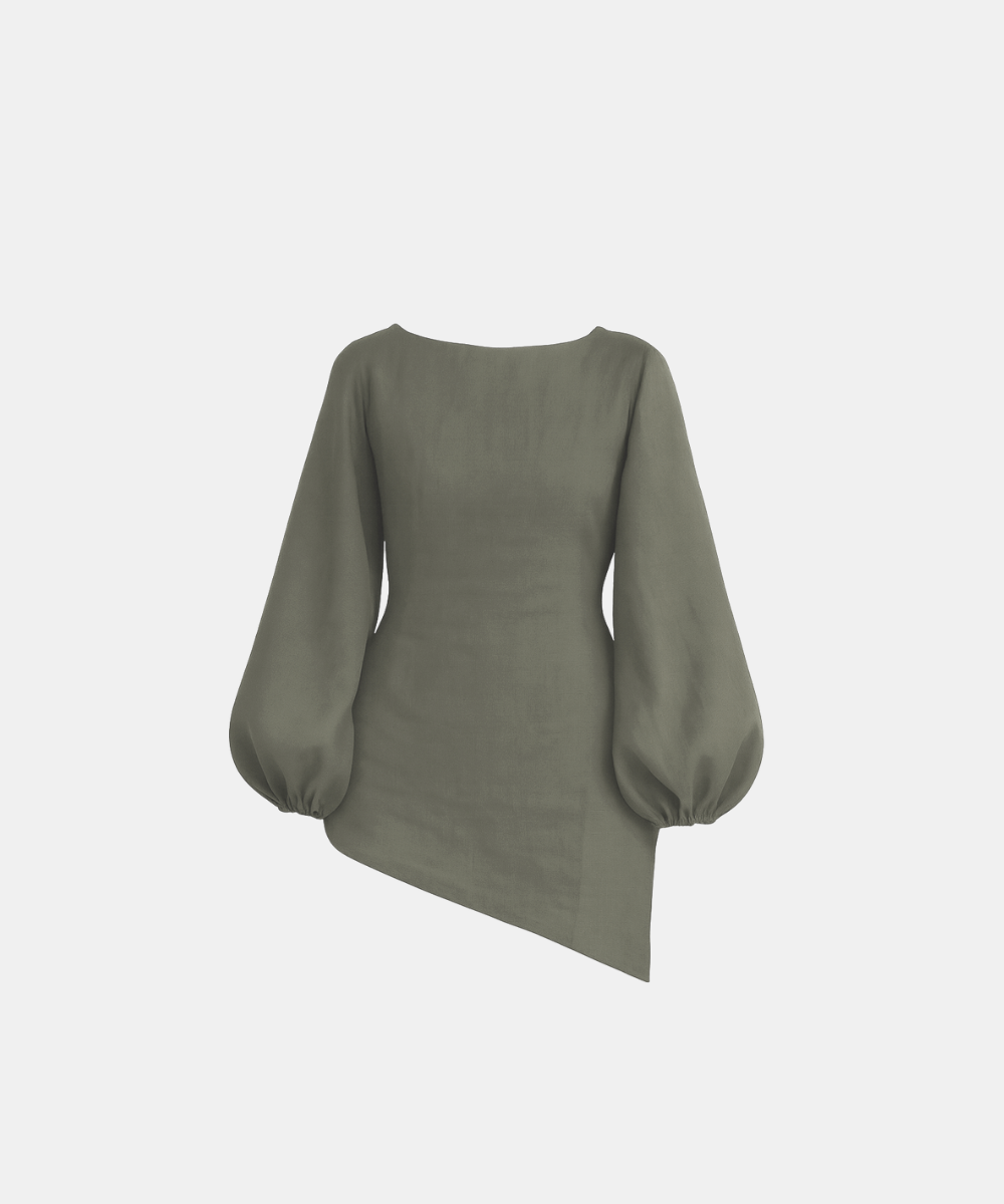 Linen Blend Balloon Sleeve Top - Fango