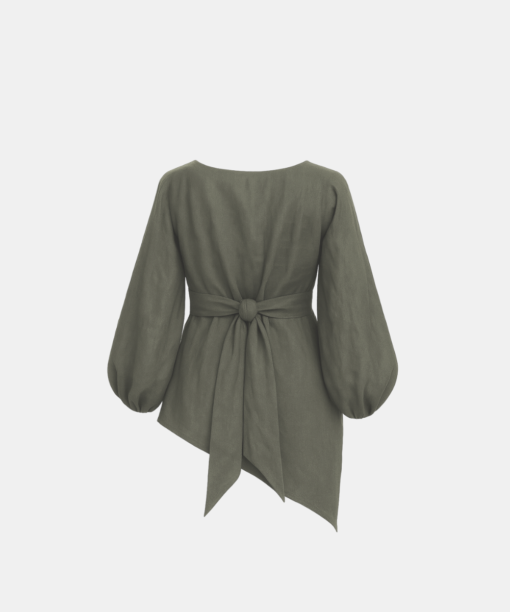 Linen Blend Balloon Sleeve Top - Fango