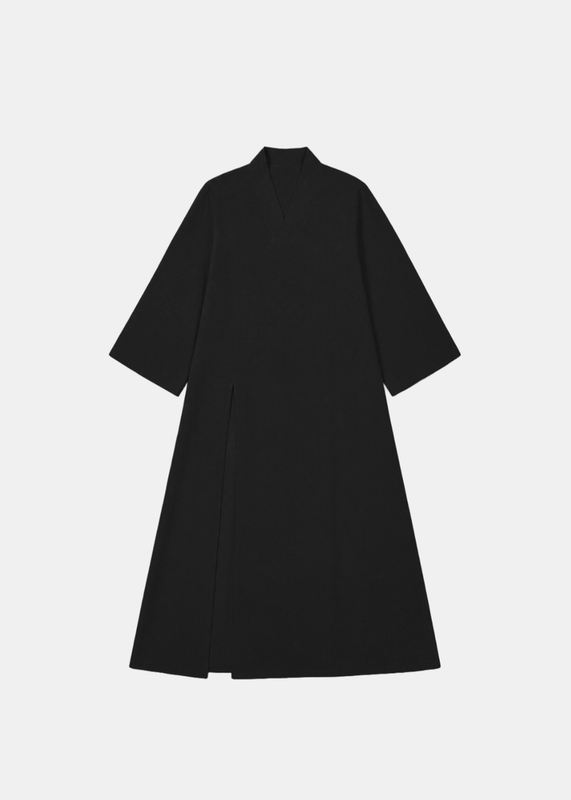 Side Slit Linen Dress - Black