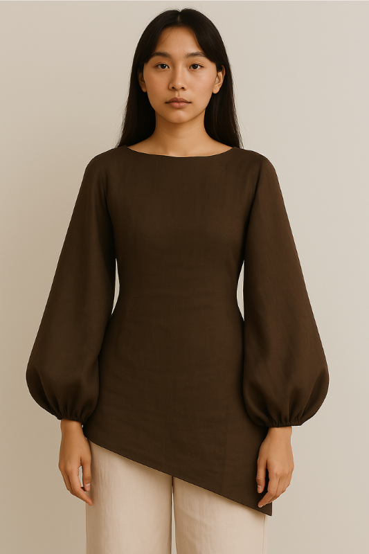 Linen Blend Balloon Sleeve Top - Chocolate