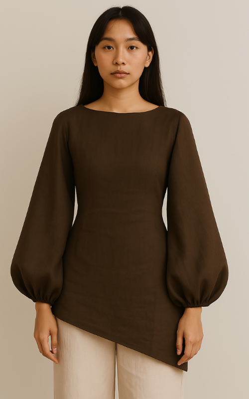 Linen Blend Balloon Sleeve Top - Chocolate
