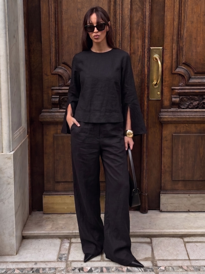 Slit Sleeve Blouse - Black worn — editorial