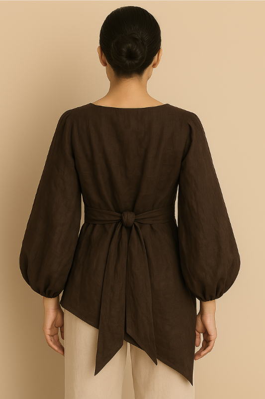 Linen Blend Balloon Sleeve Top - Chocolate
