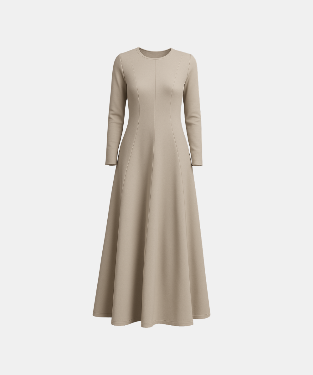 Flared Long Sleeve Maxi Dress - Beige