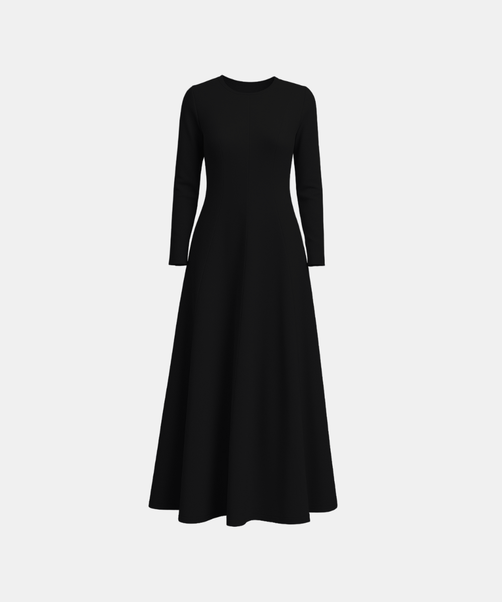 Flared Long Sleeve Maxi Dress - Black