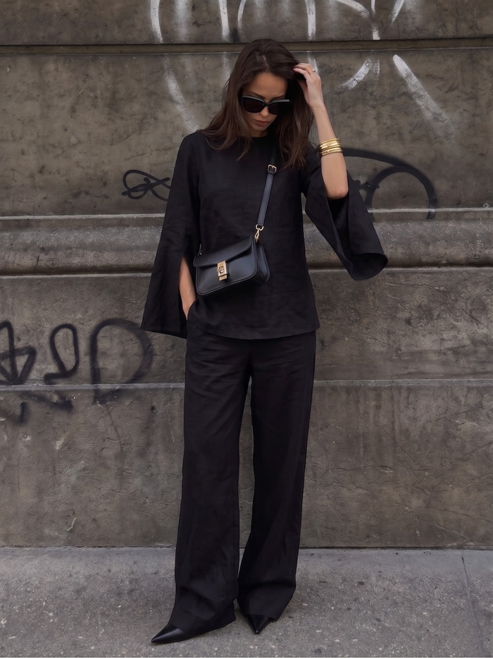 Slit Sleeve Blouse - Black worn — editorial