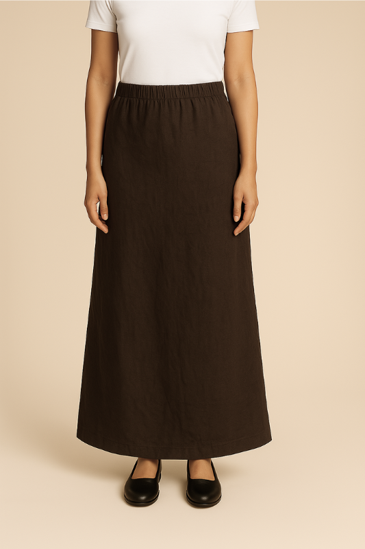 Linen Blend A-Line Maxi Skirt - Chocolate