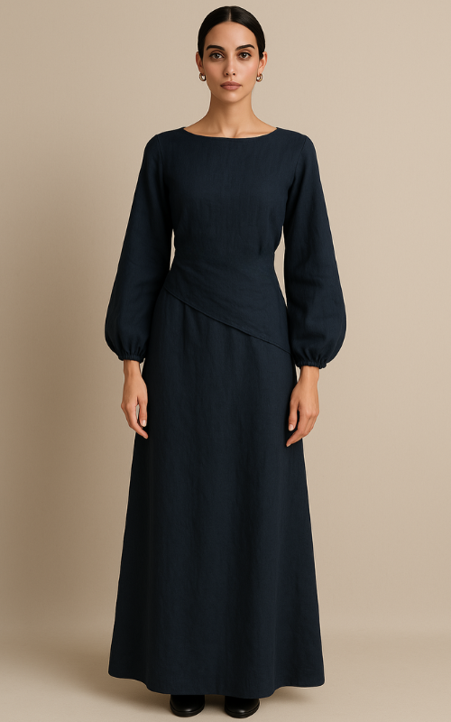 Linen Blend Balloon Sleeve Top - Navy