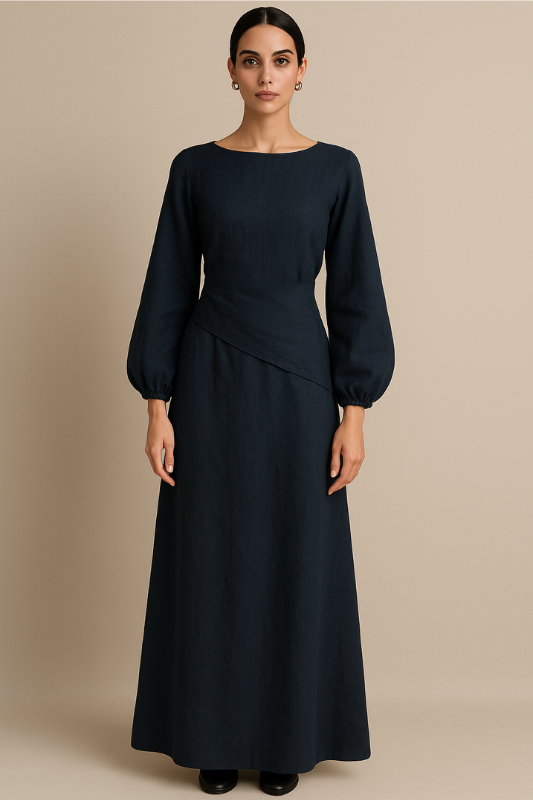 Linen Blend A-Line Maxi Skirt - Navy