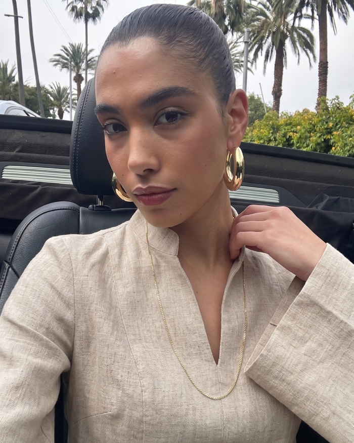 Linen Slit Dress - Beige worn — editorial