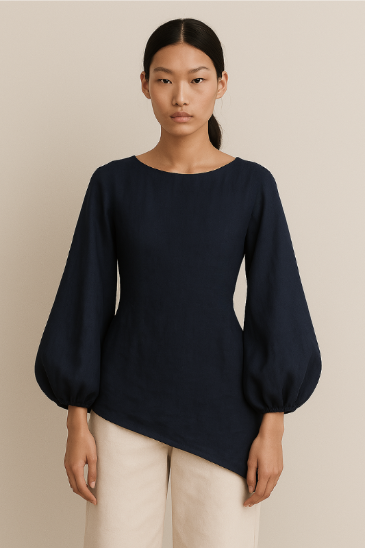 Linen Blend Balloon Sleeve Top - Navy