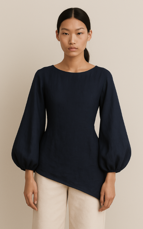 Linen Blend Balloon Sleeve Top - Navy