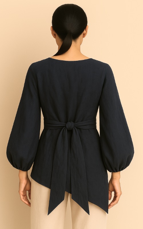 Linen Blend Balloon Sleeve Top - Navy