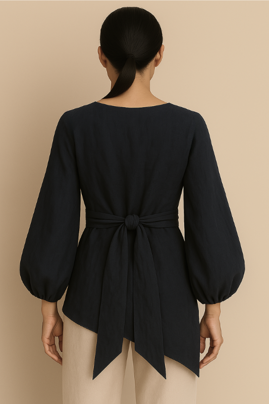 Linen Blend Balloon Sleeve Top - Navy