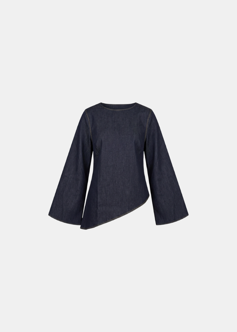 Top asymétrique en jean à manches cloches et liens à nouer