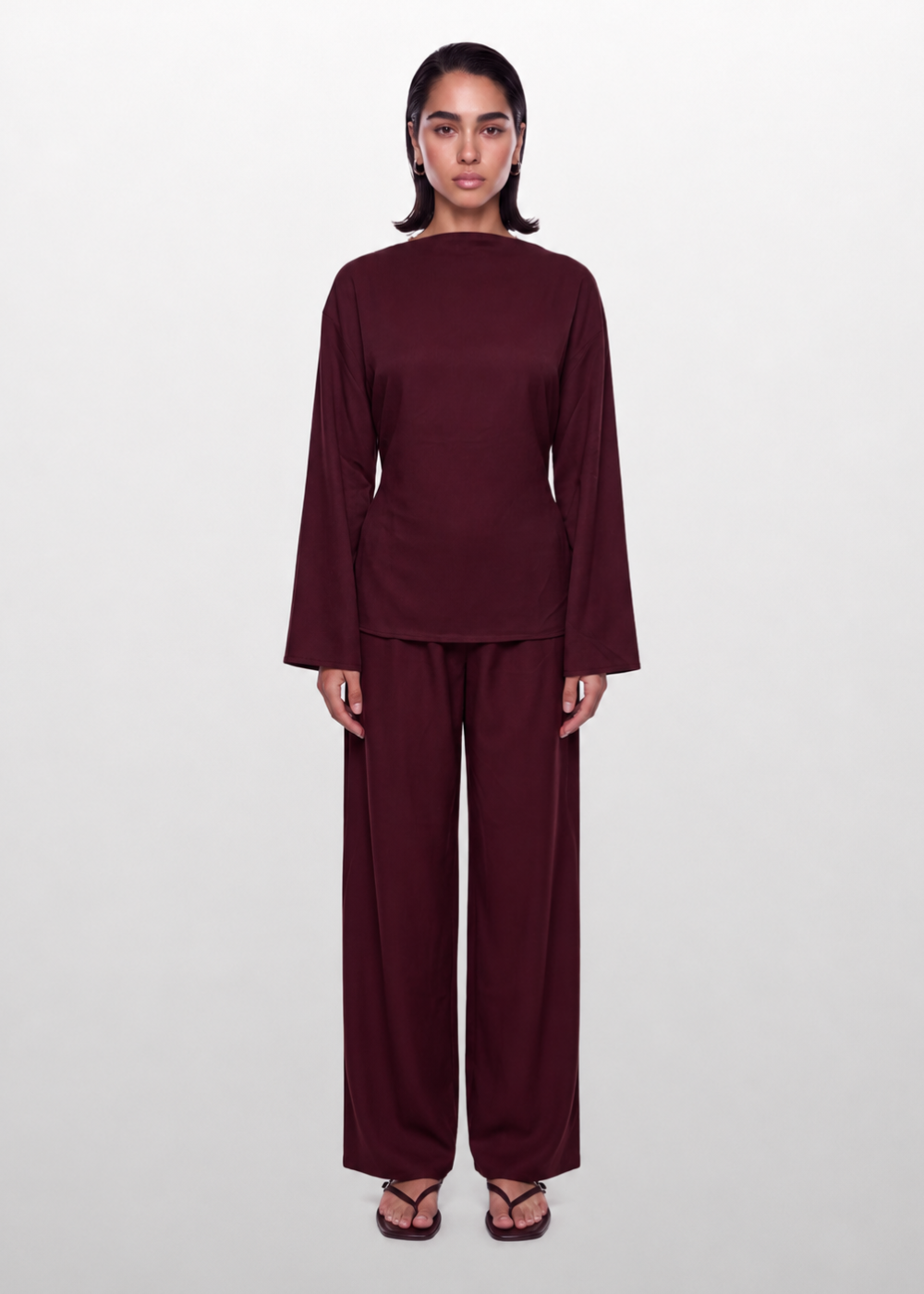 Boat Neck Belted Set Wine