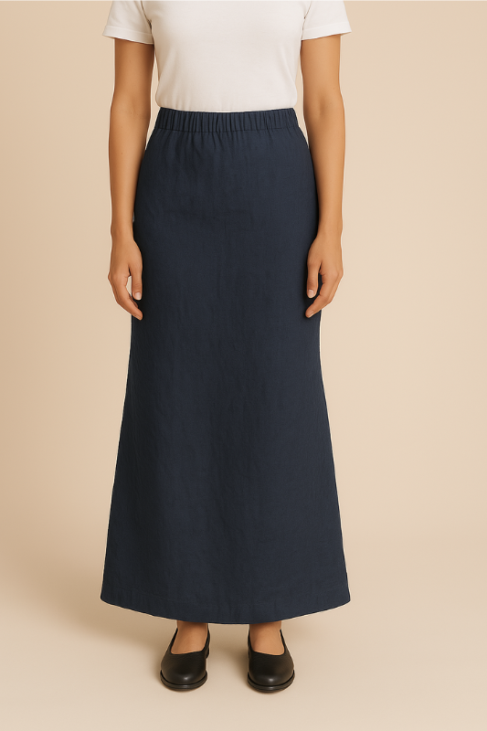 Linen Blend A-Line Maxi Skirt - Navy