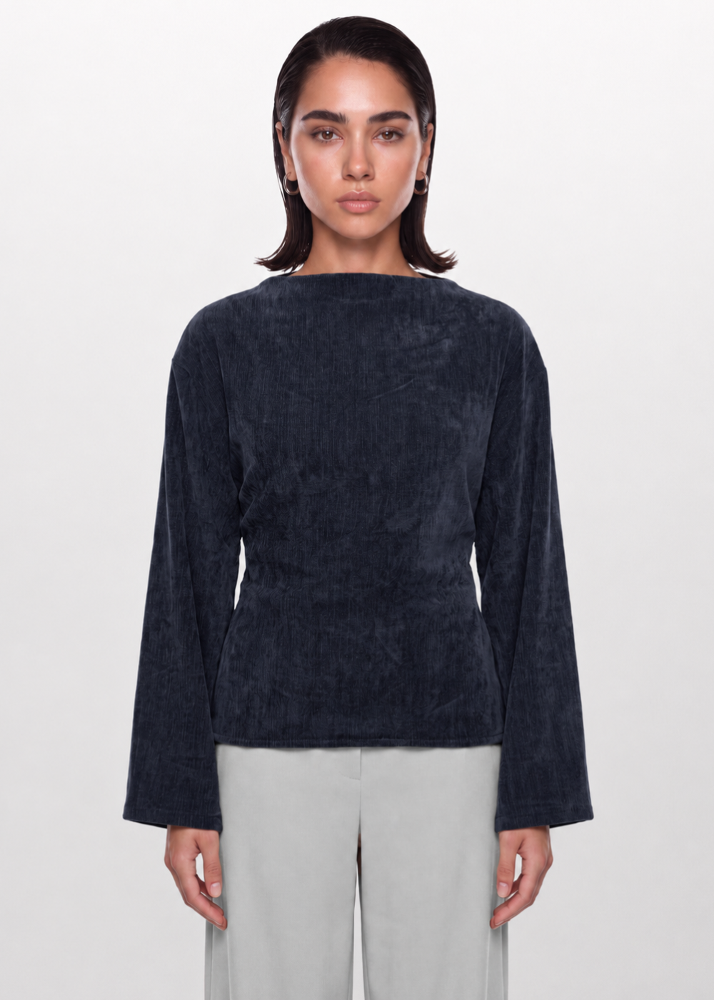 Soft Texture Wrap-Tie Blouse - Navy