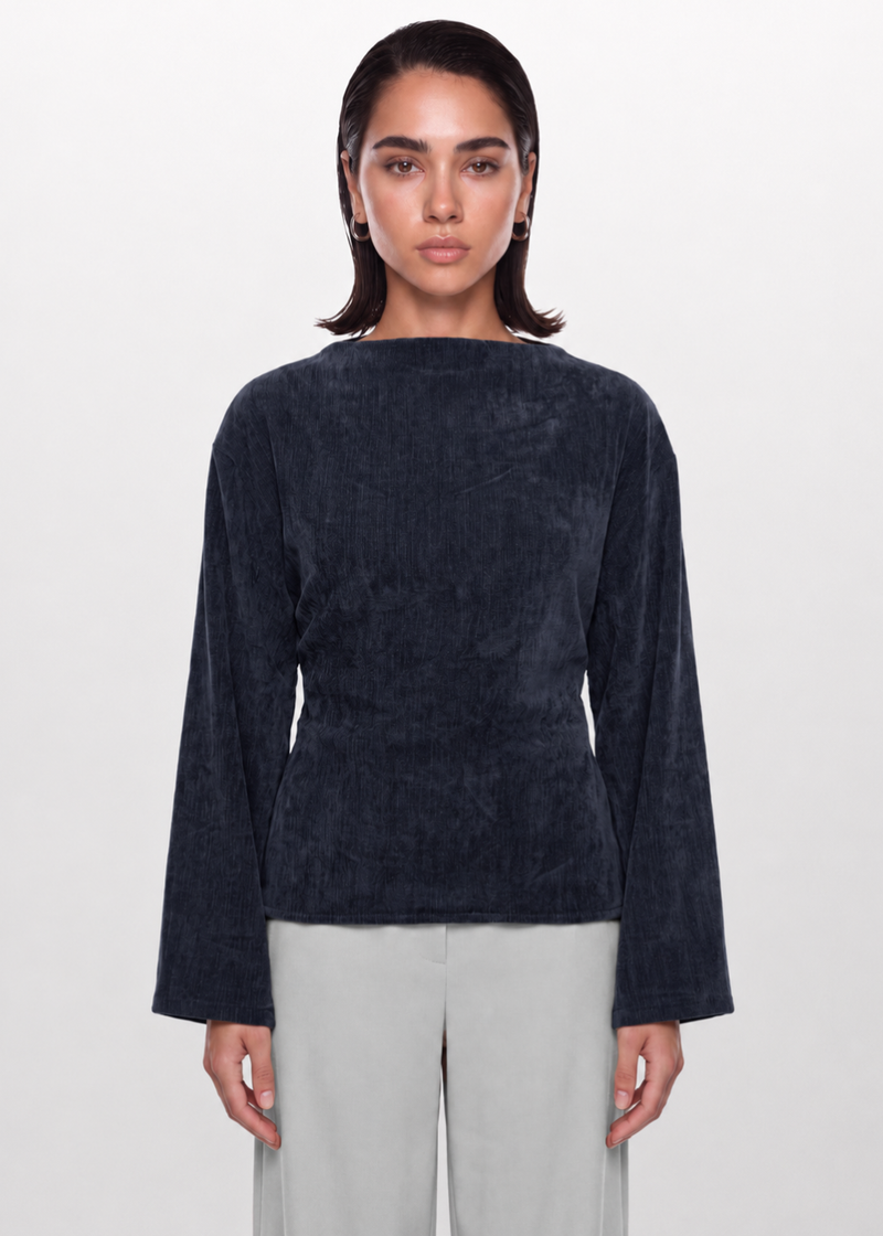 Soft Texture Wrap-Tie Blouse - Navy
