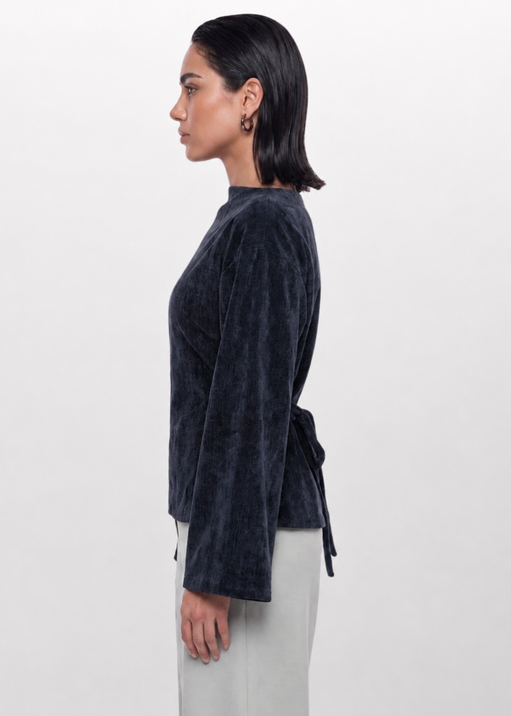 Soft Texture Wrap-Tie Blouse - Navy