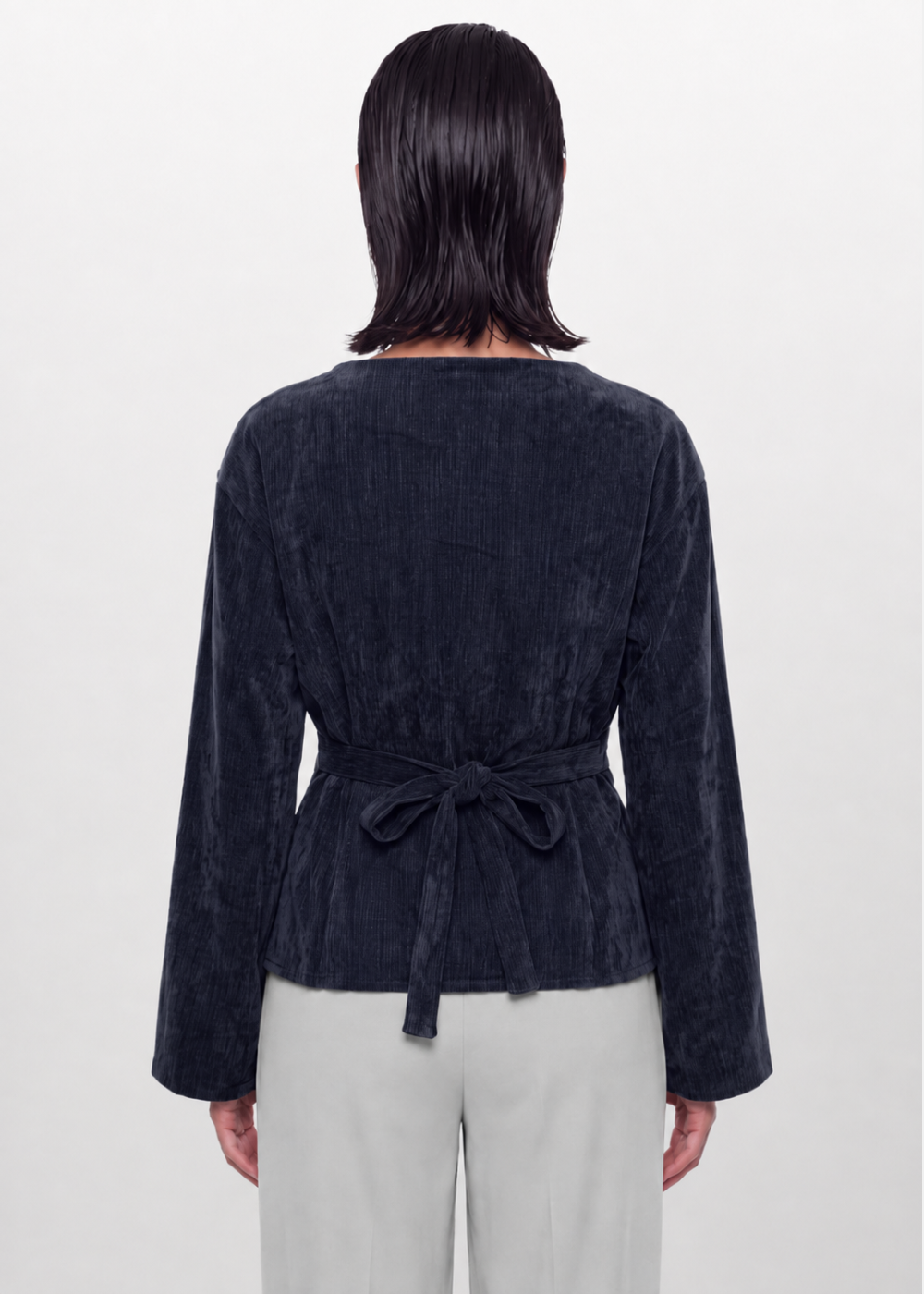 Soft Texture Wrap-Tie Blouse - Navy