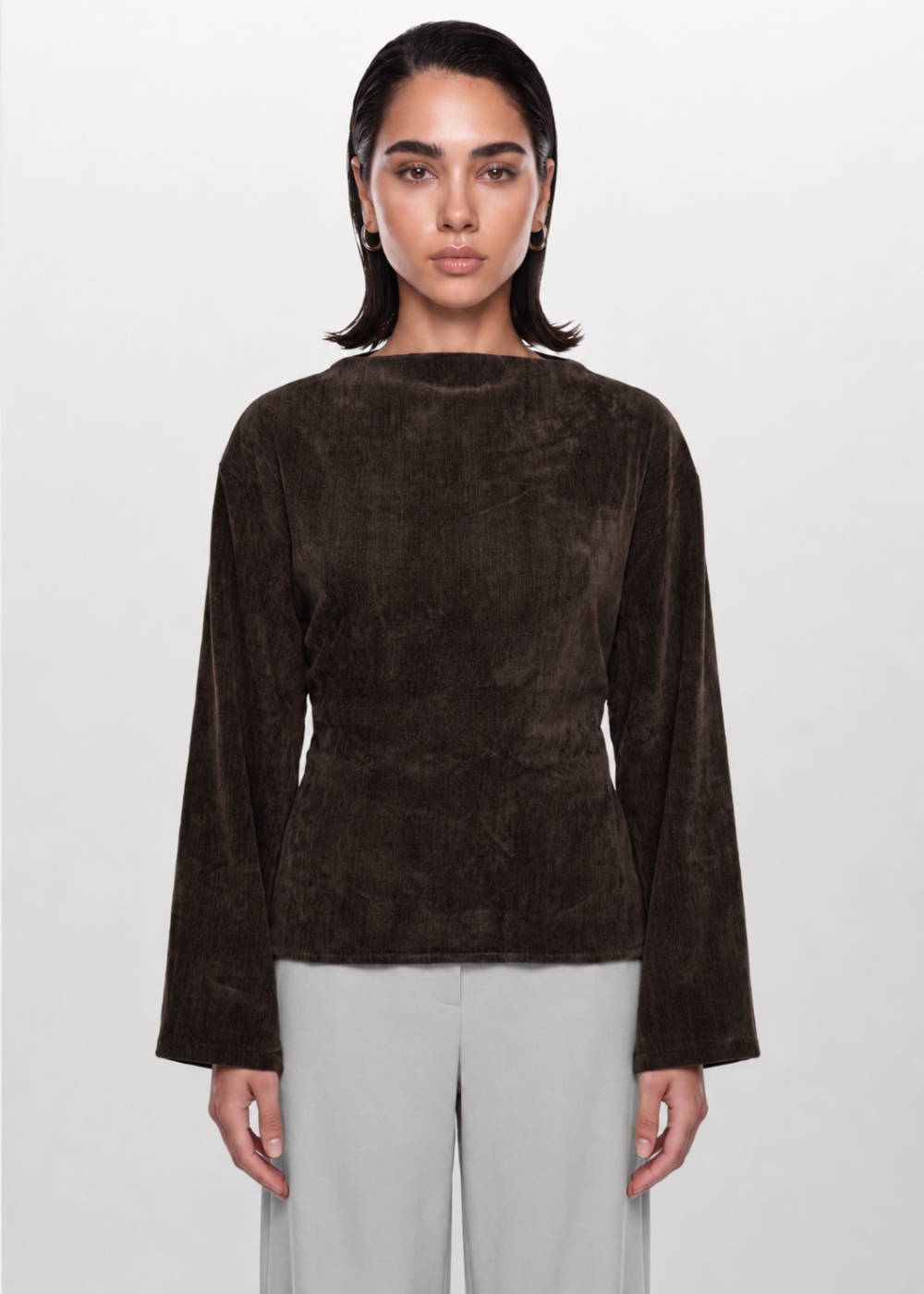 Soft Texture Wrap-Tie Blouse - Chocolate